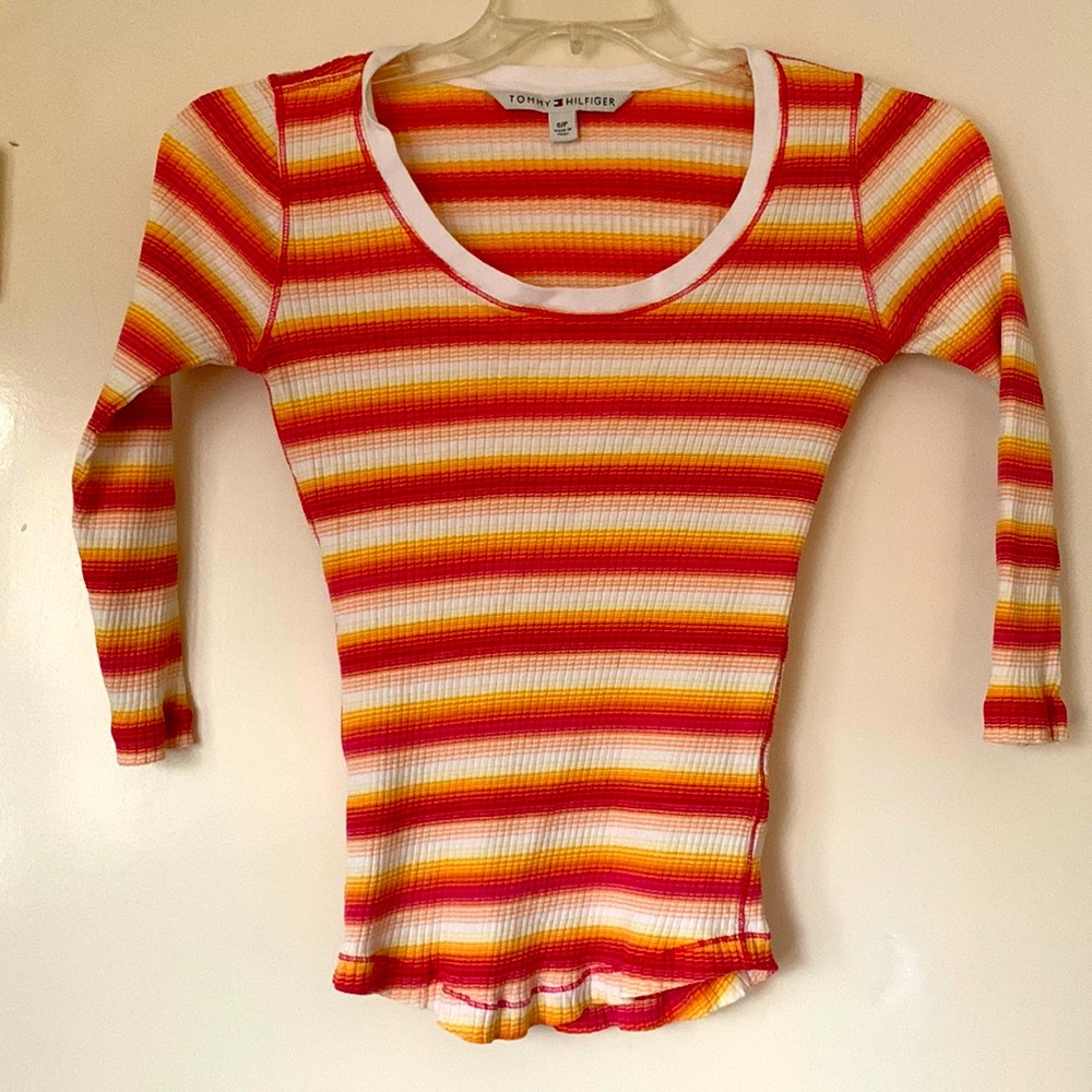 Tommy Hilfiger Womens 3/4 sleeve orange/red/yellow/white stripe P/S cott…